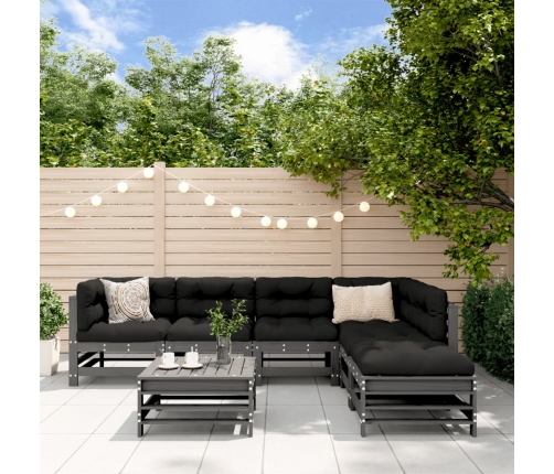 Juego de muebles de jardín 7 pzas y cojines madera maciza gris