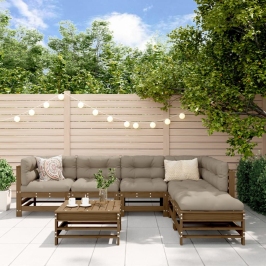 Juego muebles jardín 7 pzas y cojines madera maciza marrón miel