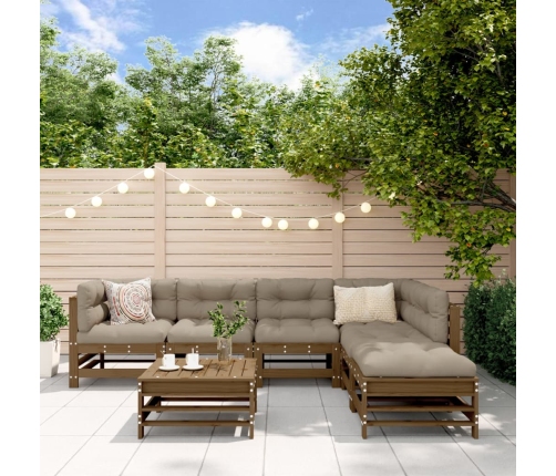 Juego muebles jardín 7 pzas y cojines madera maciza marrón miel