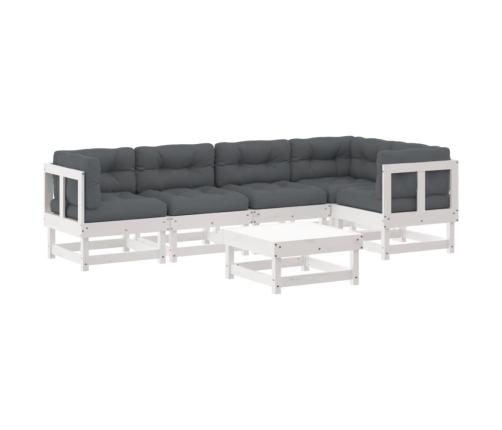 Juego de muebles jardín 6 piezas y cojines madera maciza blanco