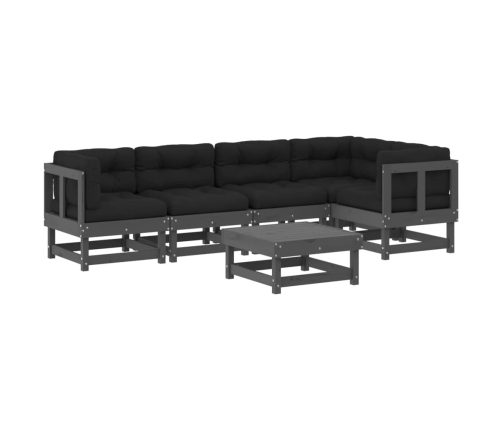 Juego de muebles de jardín 6 pzas y cojines madera maciza gris