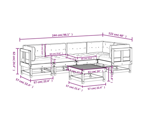 Juego de muebles de jardín 6 pzas y cojines madera maciza gris