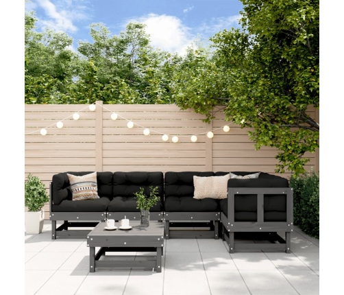 Juego de muebles de jardín 6 pzas y cojines madera maciza gris