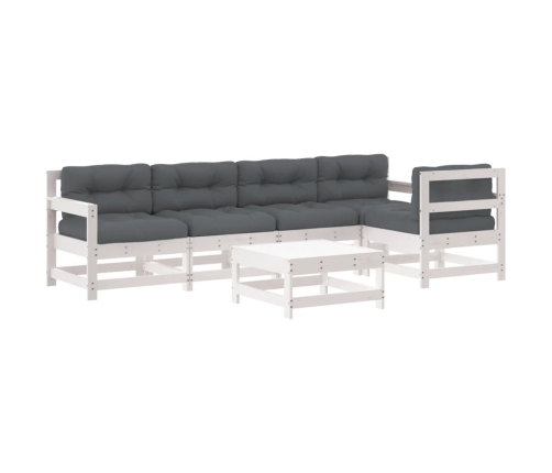 Juego de muebles jardín 6 piezas y cojines madera maciza blanco
