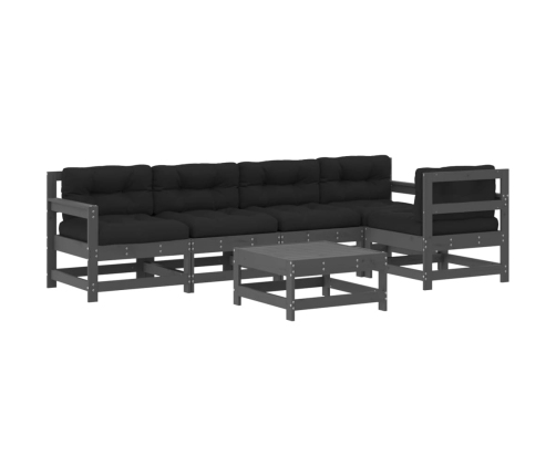 Juego de muebles de jardín 6 pzas y cojines madera maciza gris