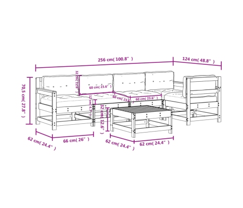 Juego de muebles jardín 6 pzas y cojines madera pino impregnada