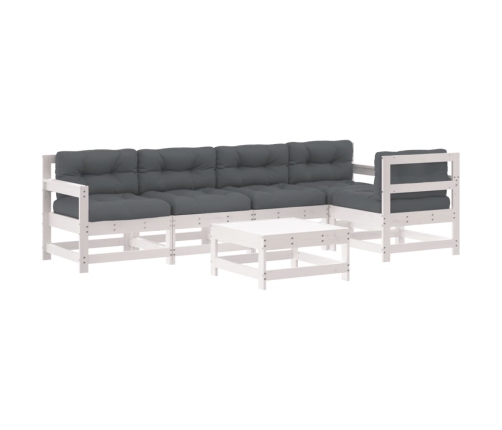 Juego de muebles jardín 6 piezas y cojines madera maciza blanco