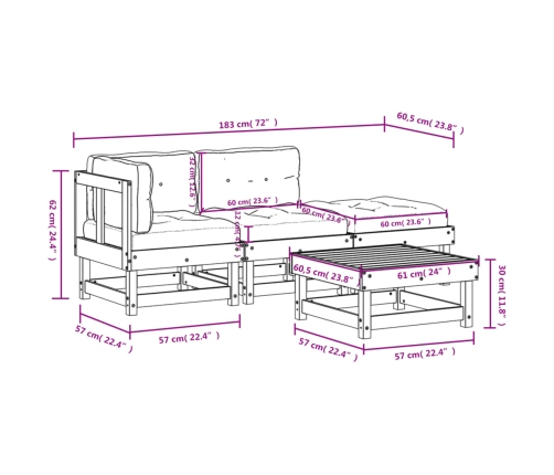 Juego de muebles de jardín 4 pzas y cojines madera maciza gris