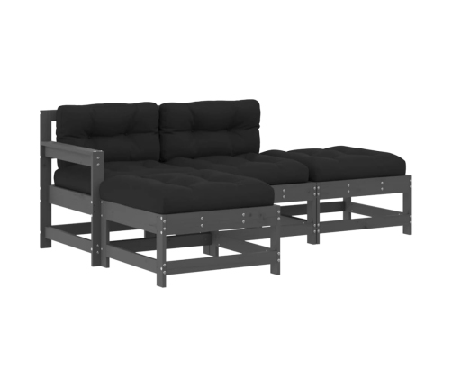 Juego de muebles de jardín 4 pzas y cojines madera maciza gris