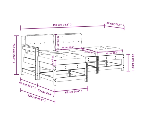 Juego de muebles de jardín 4 pzas y cojines madera maciza gris