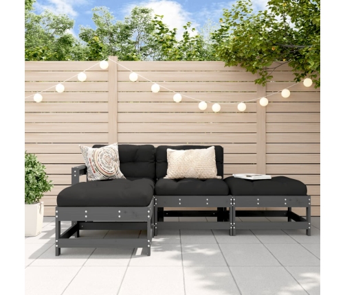 Juego de muebles de jardín 4 pzas y cojines madera maciza gris