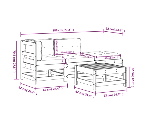 Juego de muebles jardín 4 pzas y cojines madera abeto Douglas