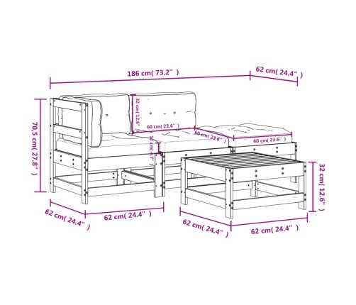 Juego de muebles jardín 4 pzas y cojines madera pino impregnada