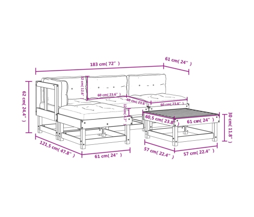 Juego de muebles jardín 5 piezas y cojines madera maciza gris