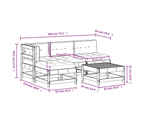 Juego de muebles jardín 5 pzas y cojines madera pino impregnada