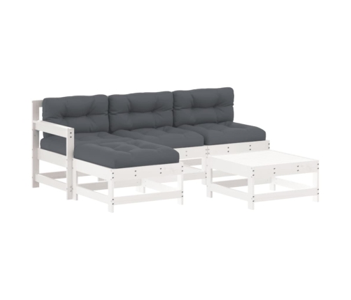 Juego de muebles jardín 5 piezas y cojines madera maciza blanco