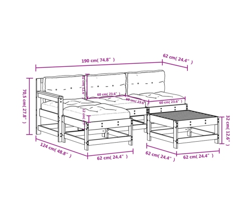 Juego de muebles jardín 5 piezas y cojines madera maciza gris