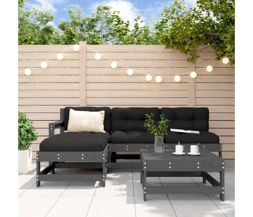 Juego de muebles jardín 5 piezas y cojines madera maciza gris