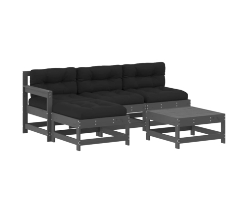 Juego de muebles jardín 5 piezas y cojines madera maciza gris