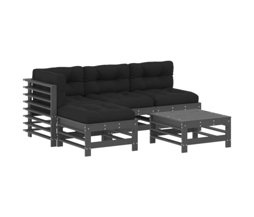 Juego de muebles jardín 5 piezas y cojines madera maciza gris