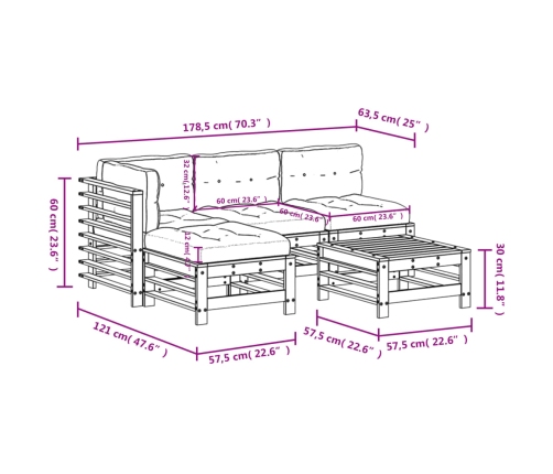 Juego de muebles jardín 5 piezas y cojines madera maciza gris