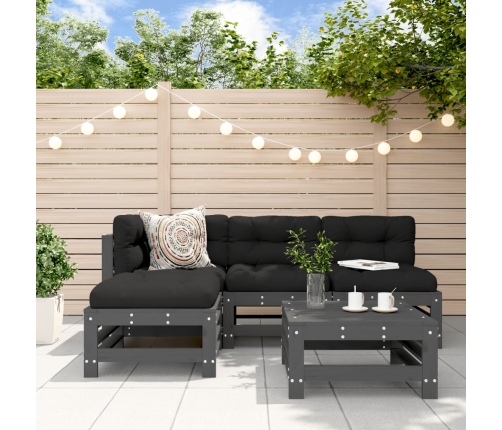 Juego de muebles jardín 5 piezas y cojines madera maciza gris