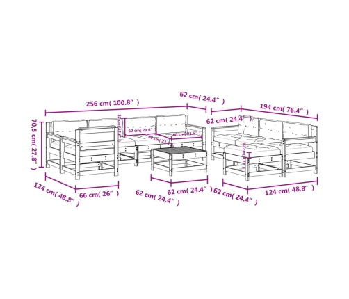 Juego de muebles de jardín 10 pzas y cojines madera maciza gris