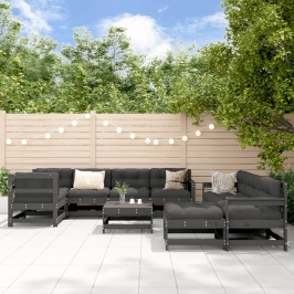 Juego de muebles de jardín 10 pzas y cojines madera maciza gris