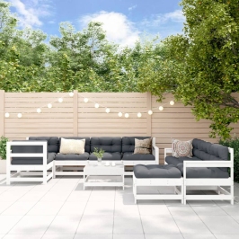 Juego de muebles jardín 10 pzas y cojines madera maciza blanco