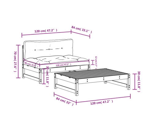 Juego de muebles de jardín 2 pzas y cojines madera maciza gris