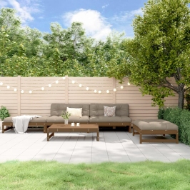 Juego muebles jardín 5 pzas y cojines madera maciza marrón miel