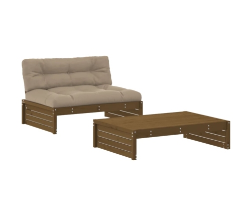 Juego muebles jardín 2 pzas y cojines madera maciza marrón miel