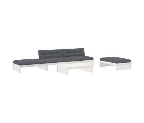 Juego de muebles jardín 5 piezas y cojines madera maciza blanco