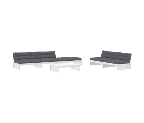 Juego de muebles jardín 6 piezas y cojines madera maciza blanco