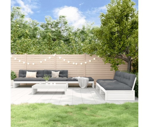 Juego de muebles jardín 6 piezas y cojines madera maciza blanco