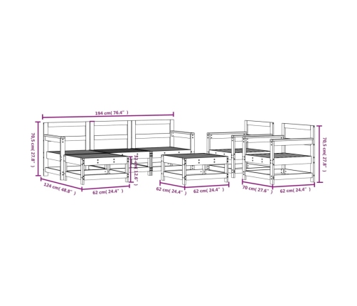 Juego de muebles de jardín 7 piezas madera maciza de pino