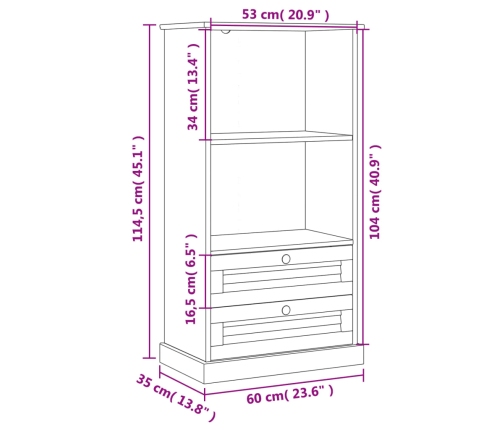 vidaXL Librería VIGO madera maciza de pino blanco 60x35x114,5 cm