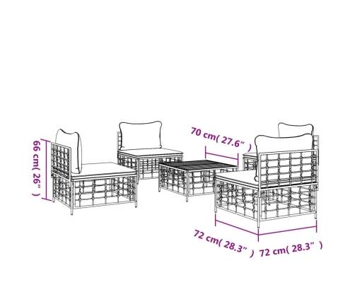 Juego de muebles de jardín 5 pzas y cojines ratán PE antracita