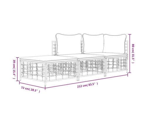 Juego de muebles de jardín 3 pzas cojines antracita ratán PE