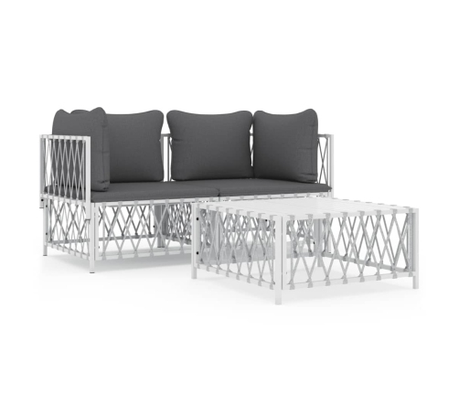 Juego de muebles de jardín 3 piezas con cojines acero blanco