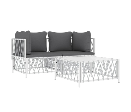 Juego de muebles de jardín 3 piezas con cojines acero blanco