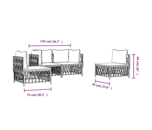 Juego de muebles de jardín 4 piezas y cojines acero blanco