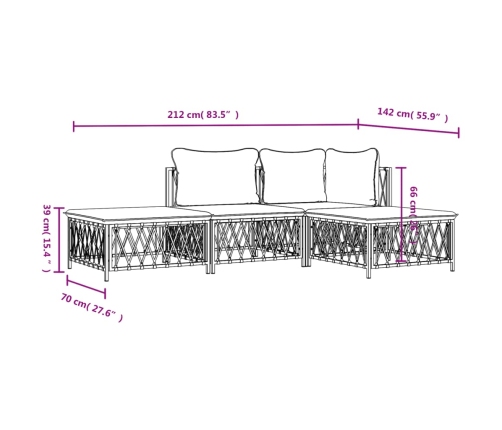Juego de muebles de jardín 4 piezas y cojines acero blanco
