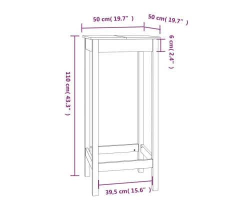 Mesa alta de bar madera maciza de pino 50x50x110 cm