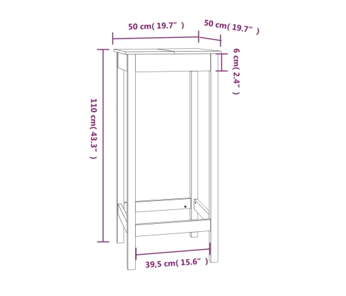 Mesa alta de bar madera maciza de pino blanco 50x50x110 cm