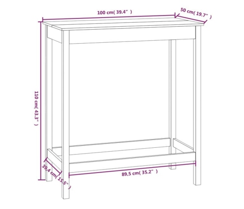 Mesa alta de bar madera maciza de pino blanco 100x50x110 cm