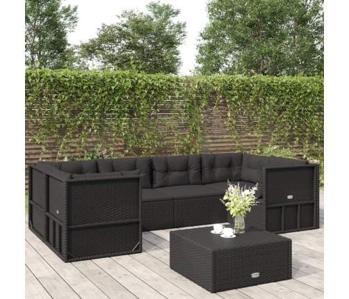 Set muebles de jardín 6 piezas y cojines ratán sintético negro