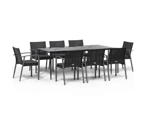 Juego comedor jardín 9 piezas y cojines ratán sintético y acero