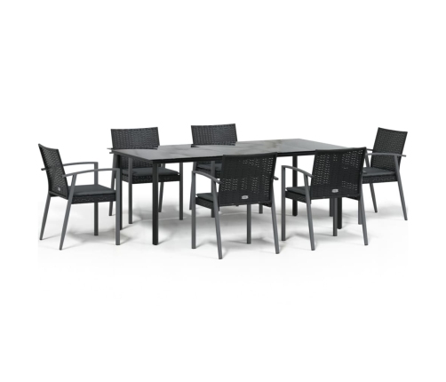 Juego comedor jardín 7 piezas y cojines ratán sintético y acero