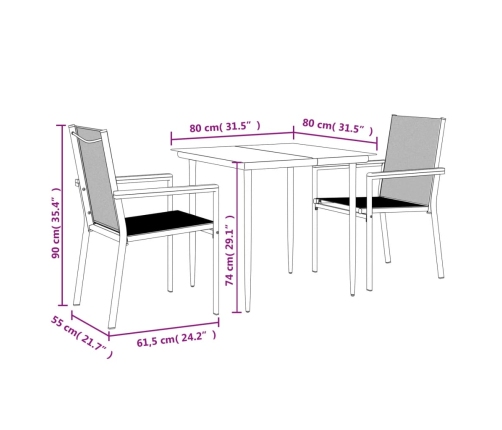 Juego de comedor para jardín 3 piezas acero y textilene negro